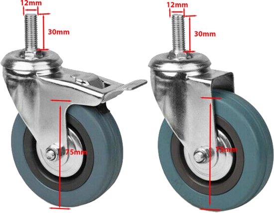 Grijze rubberen zwenkwiel met metalen beugel, rem en M12 x 30mm schroefdraad.