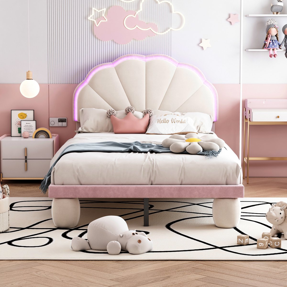 Kinderbed - voor matras 90 x 200 cm - wit en roze - met LED-verlichting - matras niet inbegrepen - voor de slaapkamer - dagelijks gebruik