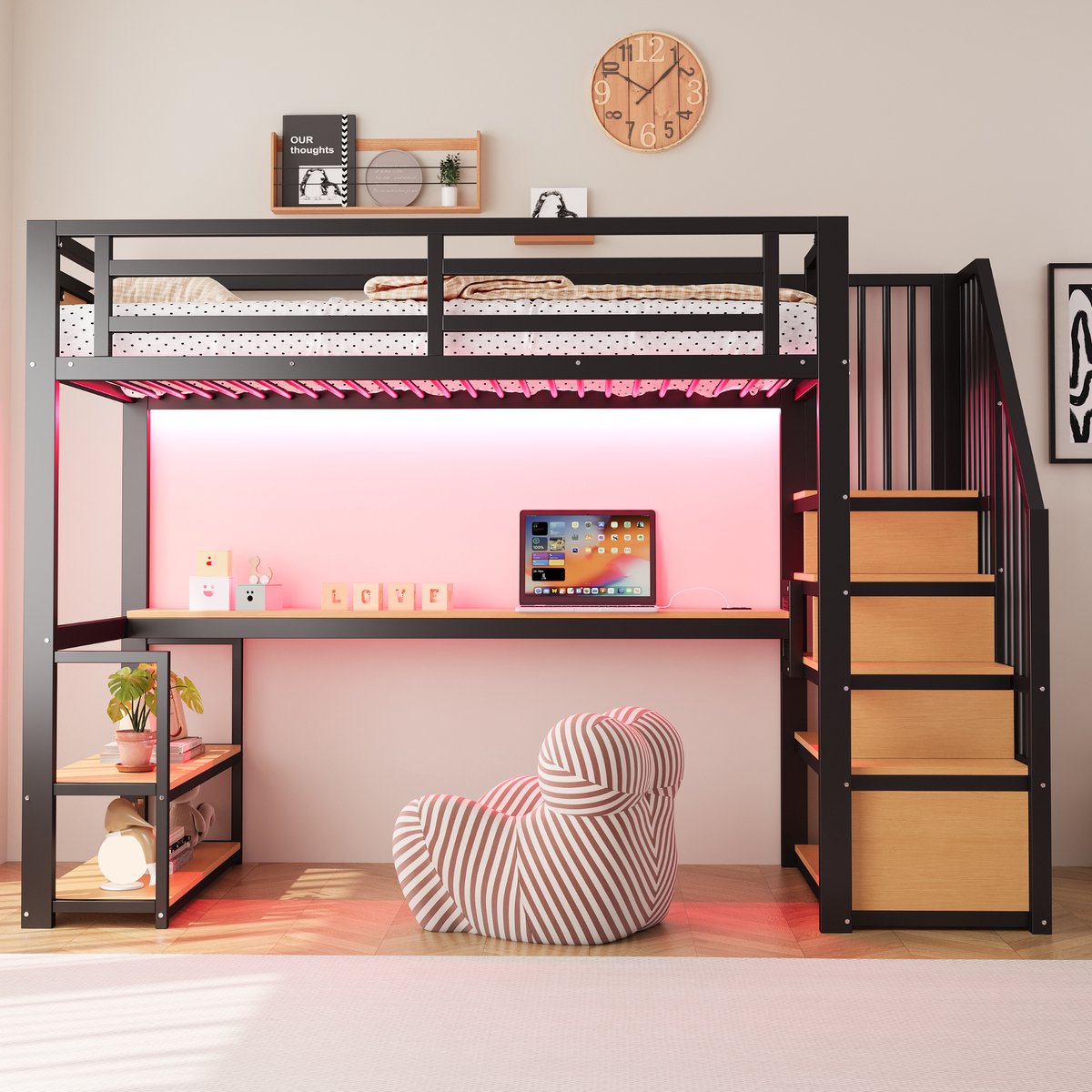 VVBV Hoogslaper 90x200 cm - Met Bureau, Uitvalbeveiliging, Opbergtrap, Stopcontact - Zwart, Metaal