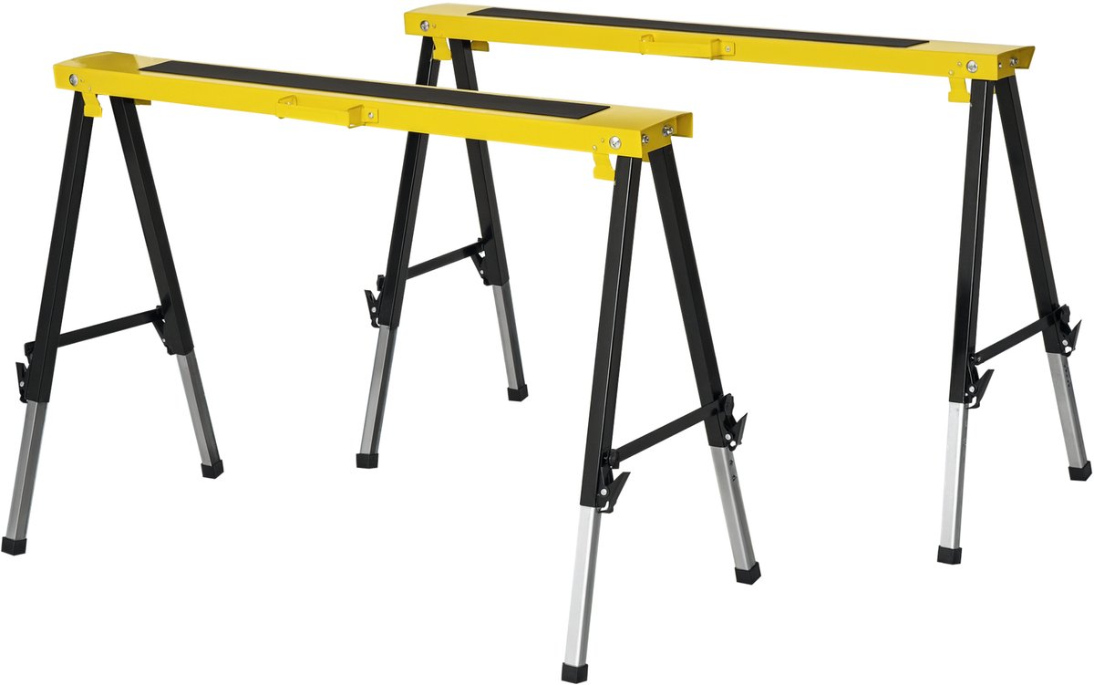 Set van 2 opvouwbare telescopische schragen met handvat - 100L x 60l x 62-90H cm - antislipoppervlak - zwart en geel metaal