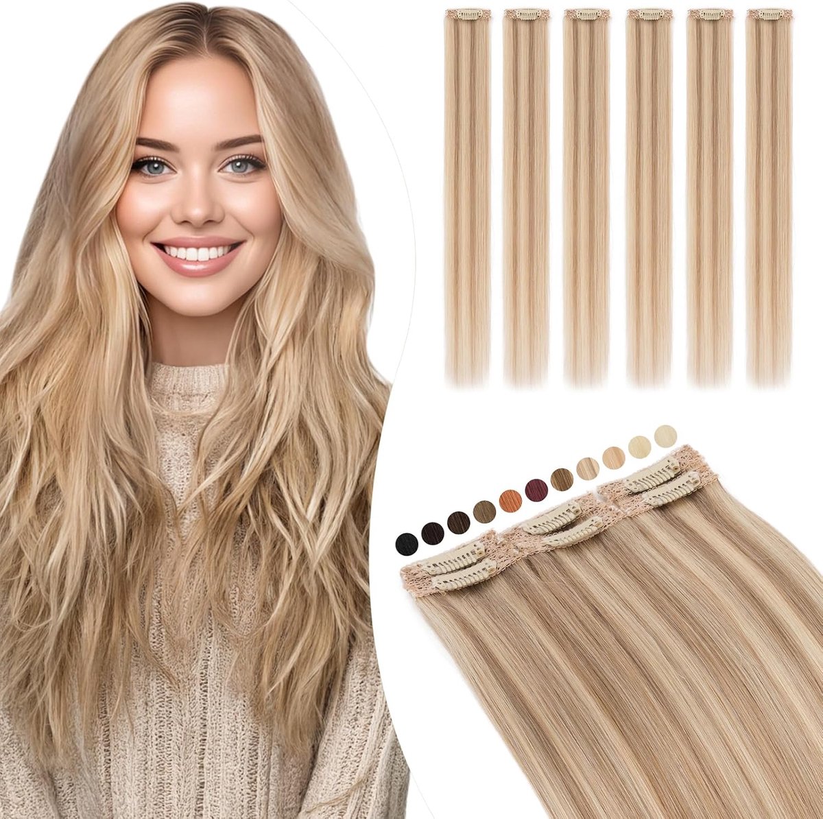 Haarextensies van echt haar, balayage, zijde, kant in lokken, 6 stuks, clip-in haarverlenging, onzichtbaar, 40 g, 40 cm, voor volume/medium #12P613