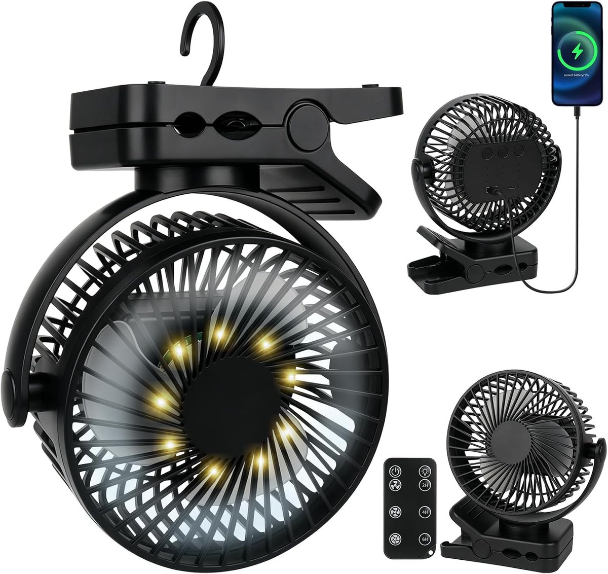 360° rotatie, tafelventilator, 3 snelheden, 12.000 mAh, draagbare clipventilator, USB-oplaadbaar met ledlampen, campingventilator voor tent, auto, camper