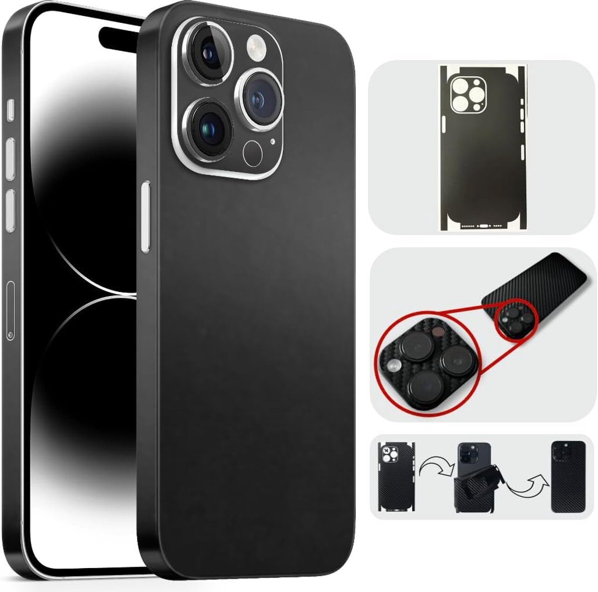 Compatibel met iPhone 15 Pro, beschermfolie met 360° bescherming, super dun en resistent (mat zwart)