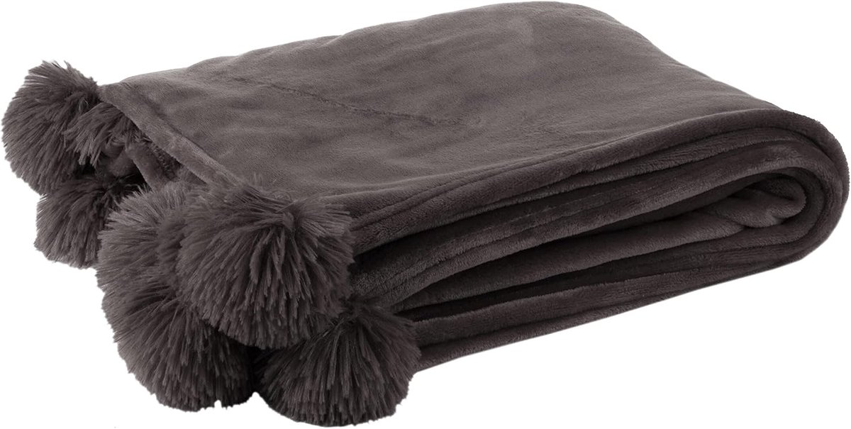 Plaid Pompom - Fleece Deken – Polyester – 170x130 cm – Donker Taupe