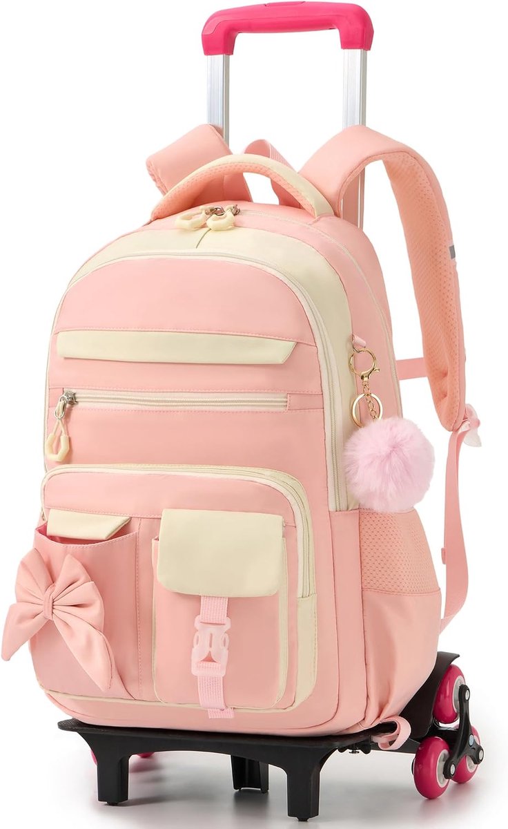 Schooltas voor meisjes met wieltjes, schoolrugzak, trolley voor kinderen en tieners, afneembare rugzak met 6 wielen, casual rugzak met wielen voor basisschool en middelbare school, roze, Rugzak