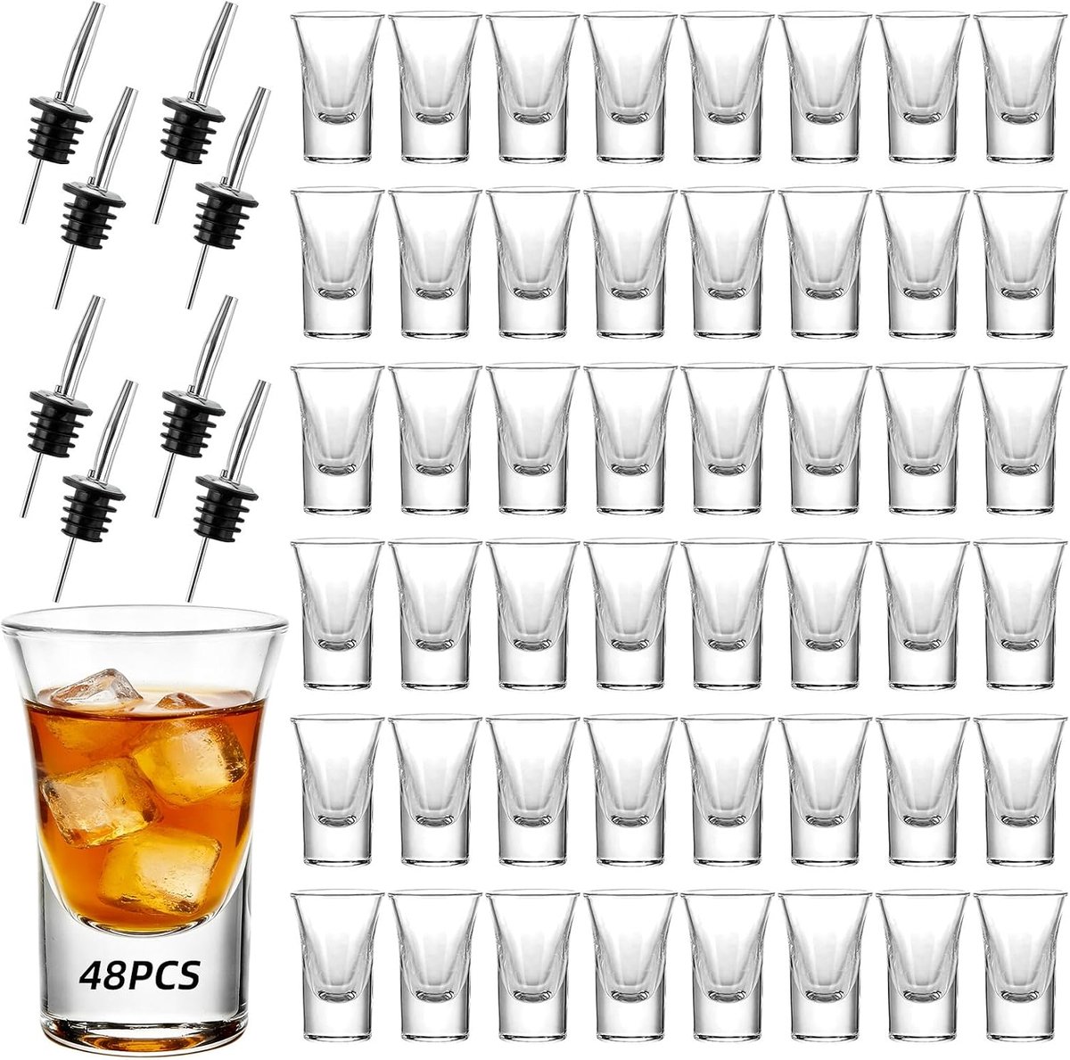 Shotglazen met 8 schenktuiten, transparante borrelglazenset met verhoogde basis voor tequila, wodka, likeur, party, bar, huisbar, catering en evenementen