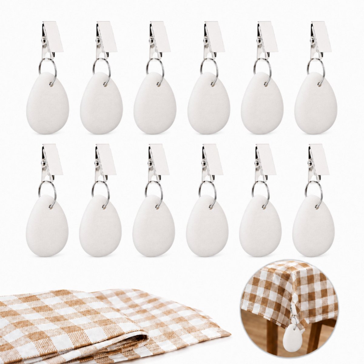 Tafelgewichtjes - Tafelkleed Gewichtjes Zwaar - Tafelkleed Gewichtjes voor Buiten - Set van 12 - Verzwaarde Tafelkleedhangers van Natuurlijk Marmer met Sterke RVS Klemmen - Windbestendige Tafelkleedgewichtjes voor Tuin, Picknick en Barbecue - wit
