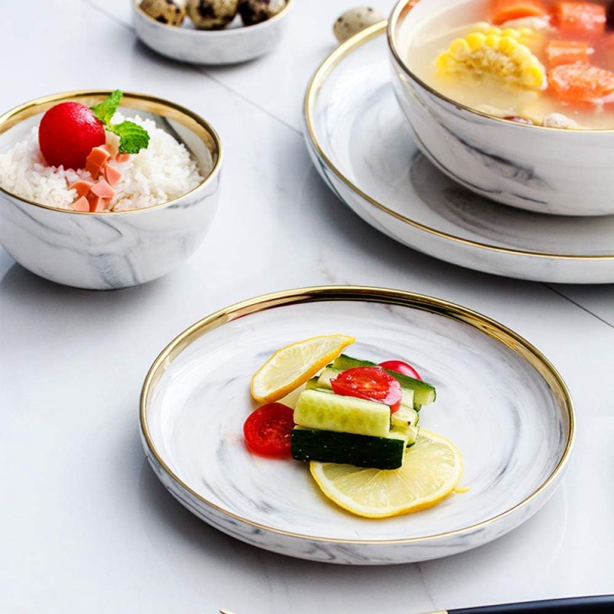 N Een Noordse Marmer Patroon Ins Vergulde Gouden Plaat Bowl Set Combinatie Rijstkom Soepkom Eenvoudige Diner Plaat