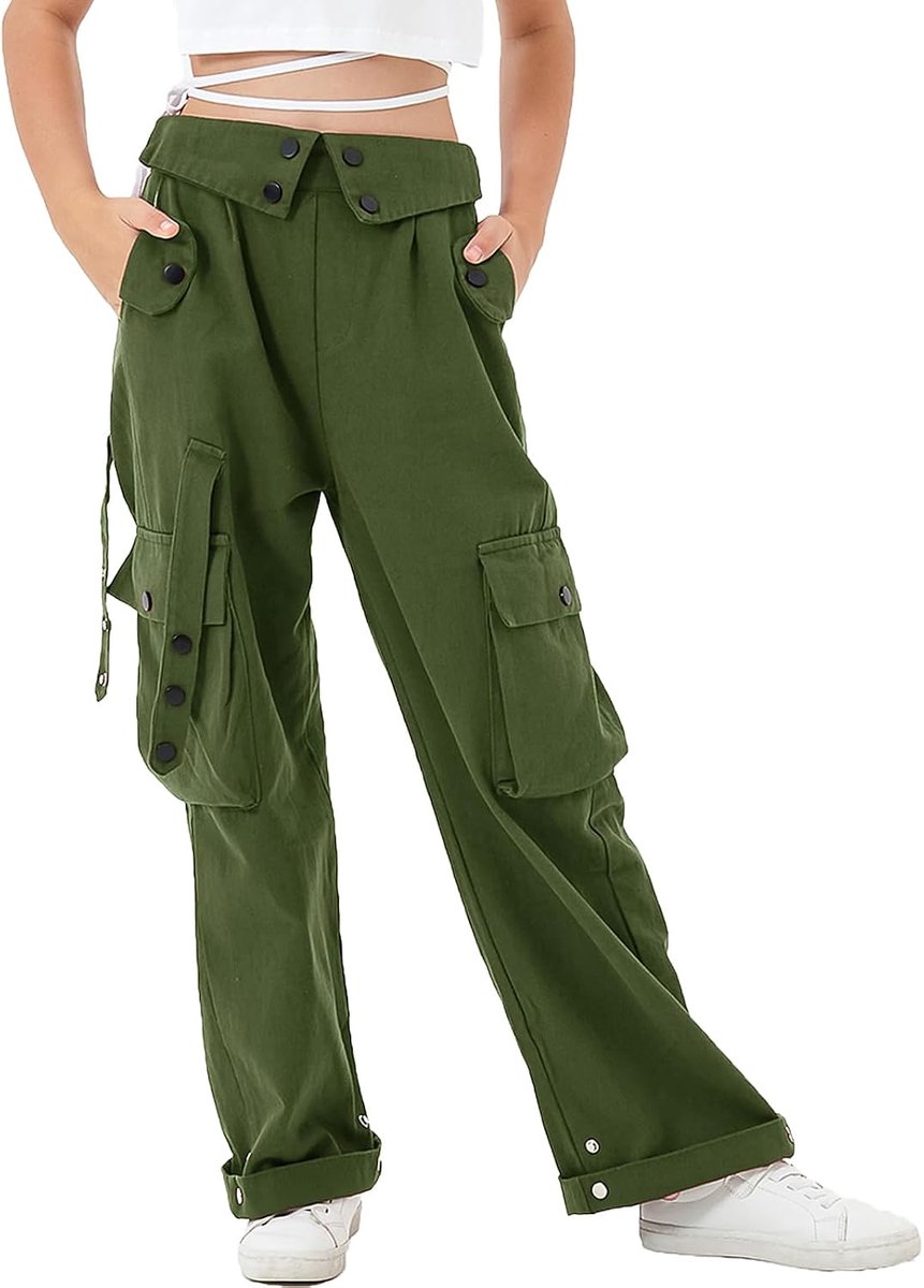 Baggy cargobroek voor meisjes, elastische taille met meerdere zakken, wijde pijpen, cargobroek voor kinderen