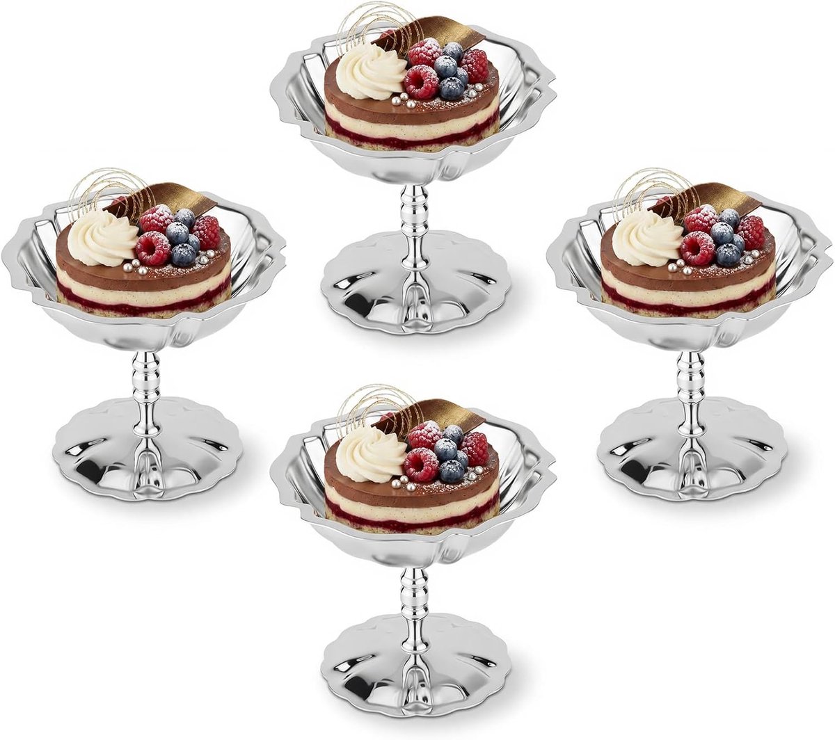 4 stuks dessertbekers met bloemenvoet, zilverkleurig, multifunctionele 304 roestvrijstalen voetjes voor yoghurt fruit salade voorgerechten