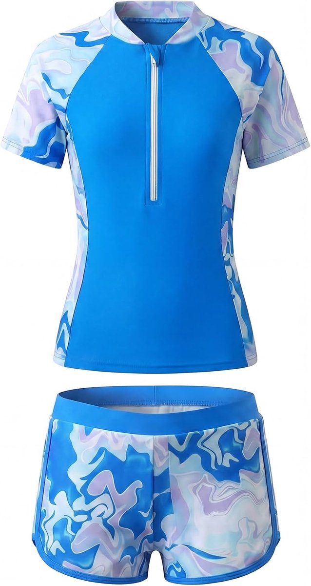 Zwempak Tweedelig Rashguard met Korte Mouwen en Voorgevormde Beha's Kinderzwempak met Zwemshort Sneldrogend Strand Surf en Zwemkleding met Bloemenprint voor Kinderen 5-14 Jaar
