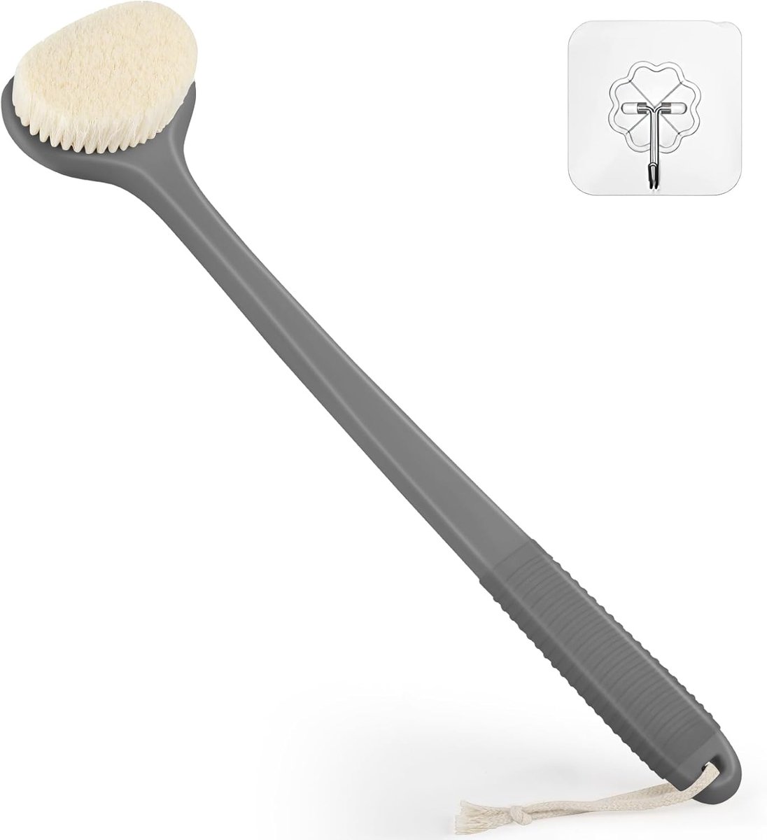 Rugschrobber voor douche, badborstel met 17 inch lange anti-slip handgreep, natte en droge borstelborstel voor lichaamsreiniging, rugborstel voor mannen en vrouwen, grijs