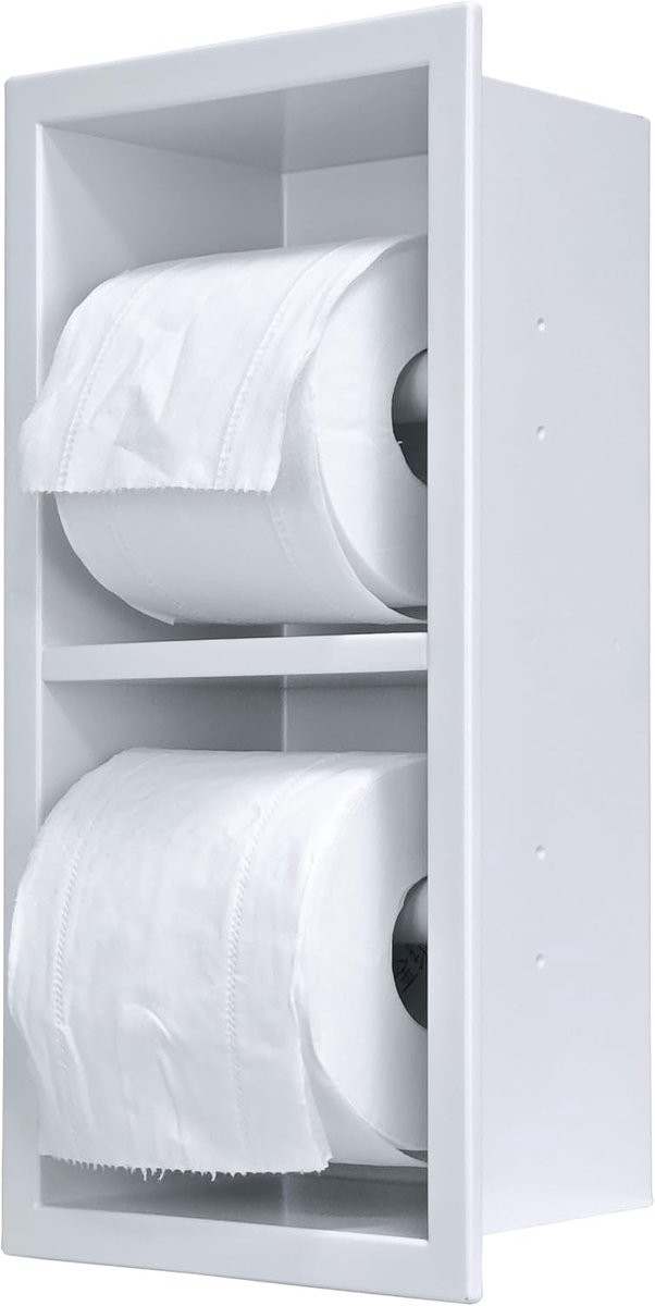 Toiletpapierdispenser met ingebouwde wandnis voor opslag, roestvrijstalen toiletpapierhouder (mat wit, 30 cm x 15 cm)