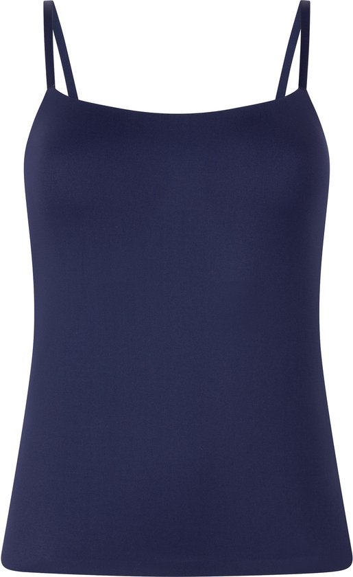 Navy blauwe top met rechte bandjes en vierkante hals.