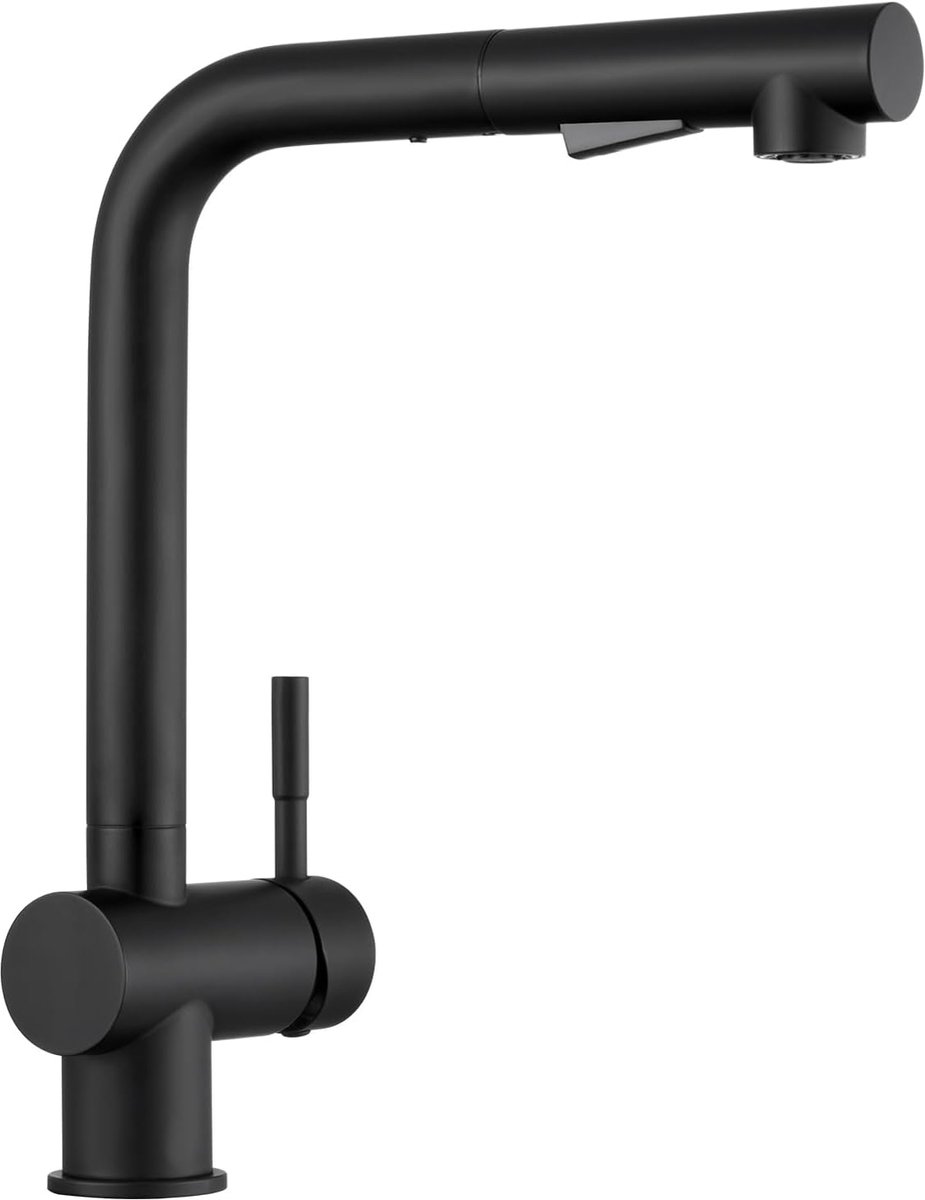 Hogedruk keukenkraan, zwart, uittrekbare keukenkraan met douche, twee waterstraalsoorten, eengreeps wastafelarmatuur, 360 graden draaibaar, mengkraan, roestvrij staal