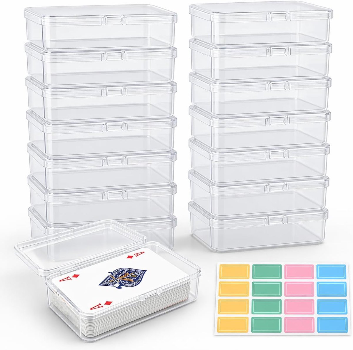 16 stuks opbergdozen met deksel, klein, transparante kunststof doos voor speelkaarten, kaarten, knutselaccessoires en kleine onderdelen, boxset met etiketten