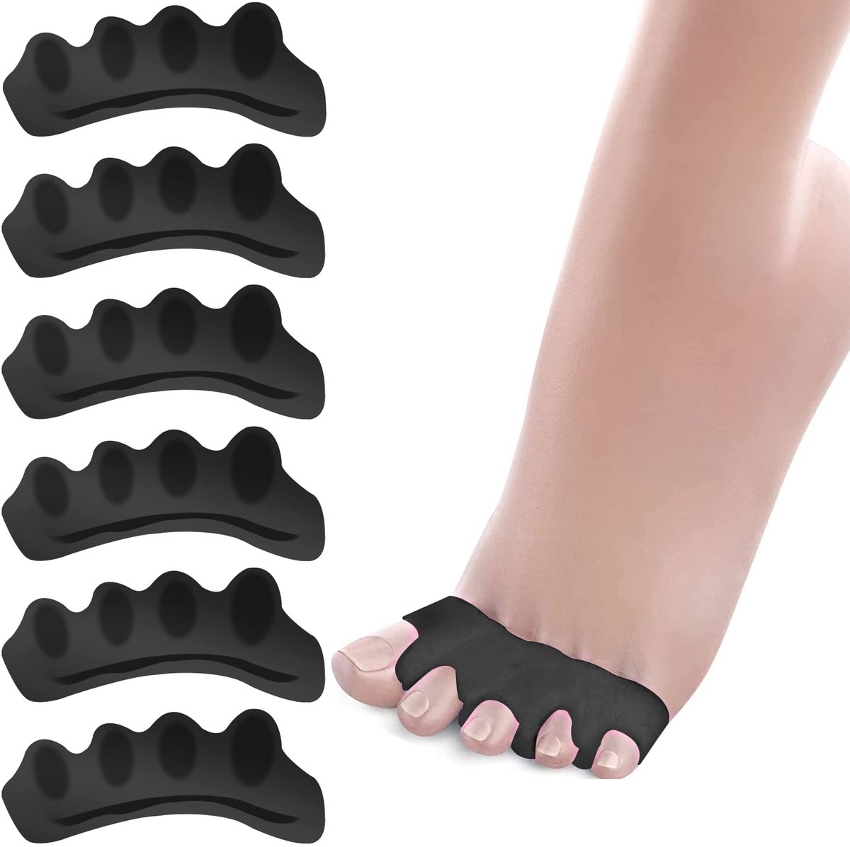 Siliconen voor alle tenen, 6 x, tenenspreider, hallux valgus, correctie, gel teenslippers voor bunion-correctie, correctie voor alle tenen, correctie voor hamertenen (Zwart)