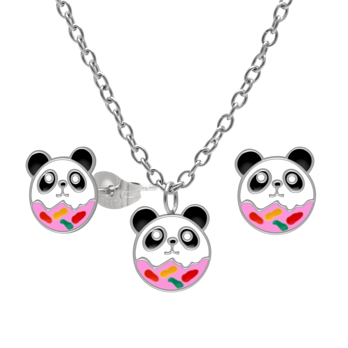 Meisjes Sieradenset Panda Donut – Ketting en Oorstekers – Chirurgisch Staal – Roze Kleurrijk – Kindersieraden