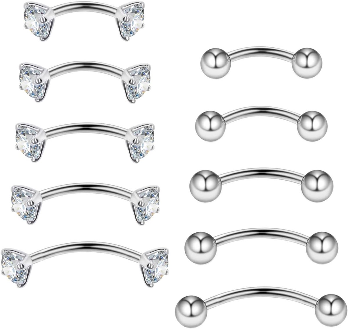 Barbells voor wenkbrauwen, lippen, rook, helix, tragus, brug, piercing, buik, piercing, 16 g, roestvrij staal, 6 mm, 8 mm, 10 mm