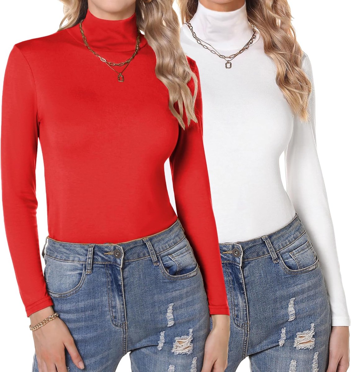 Shirt met lange mouwen voor dames, set van 1 of 2 stuks, rolkraagshirt, set, bovenstuk, col, elegant, slim fit, basic shirt met lange mouwen, thermo-ondershirt, stretch tops