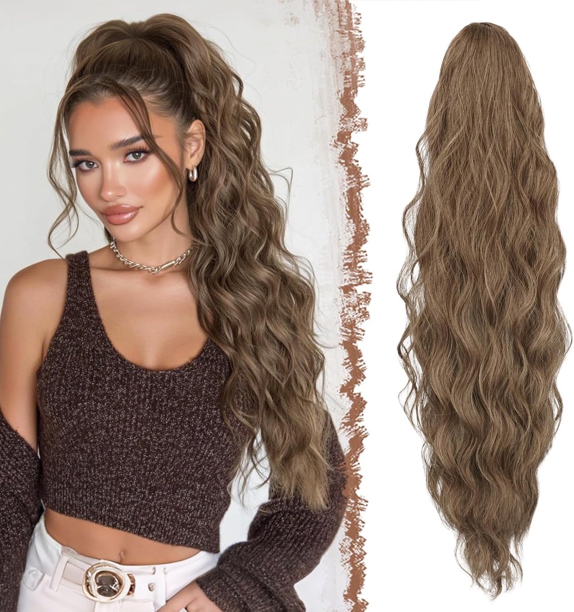 Paardenstaart Extensions met Koord Lang Krullend Golvend Haarextensies Ponytail Extensions Synthetische Haarstukken Trekkoord Haarverlenging voor Vrouwen, 65 cm Toffee met highlights