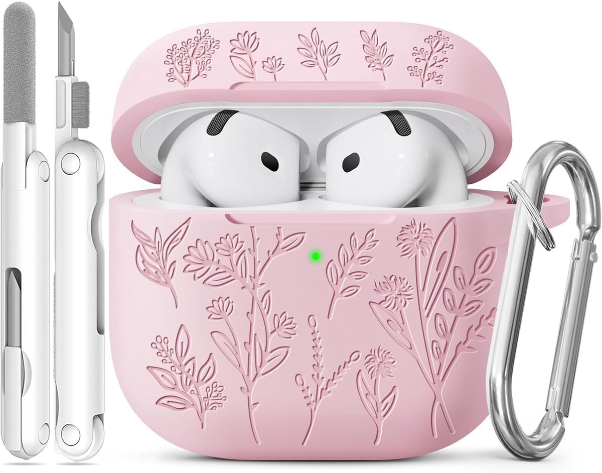 Grasprint Hoesje voor AirPods 4 (Roze) | Gelaserdgraveerde Case, Zacht Siliconenmateriaal, Inclusief Reinigingsset en Sleutelhanger
