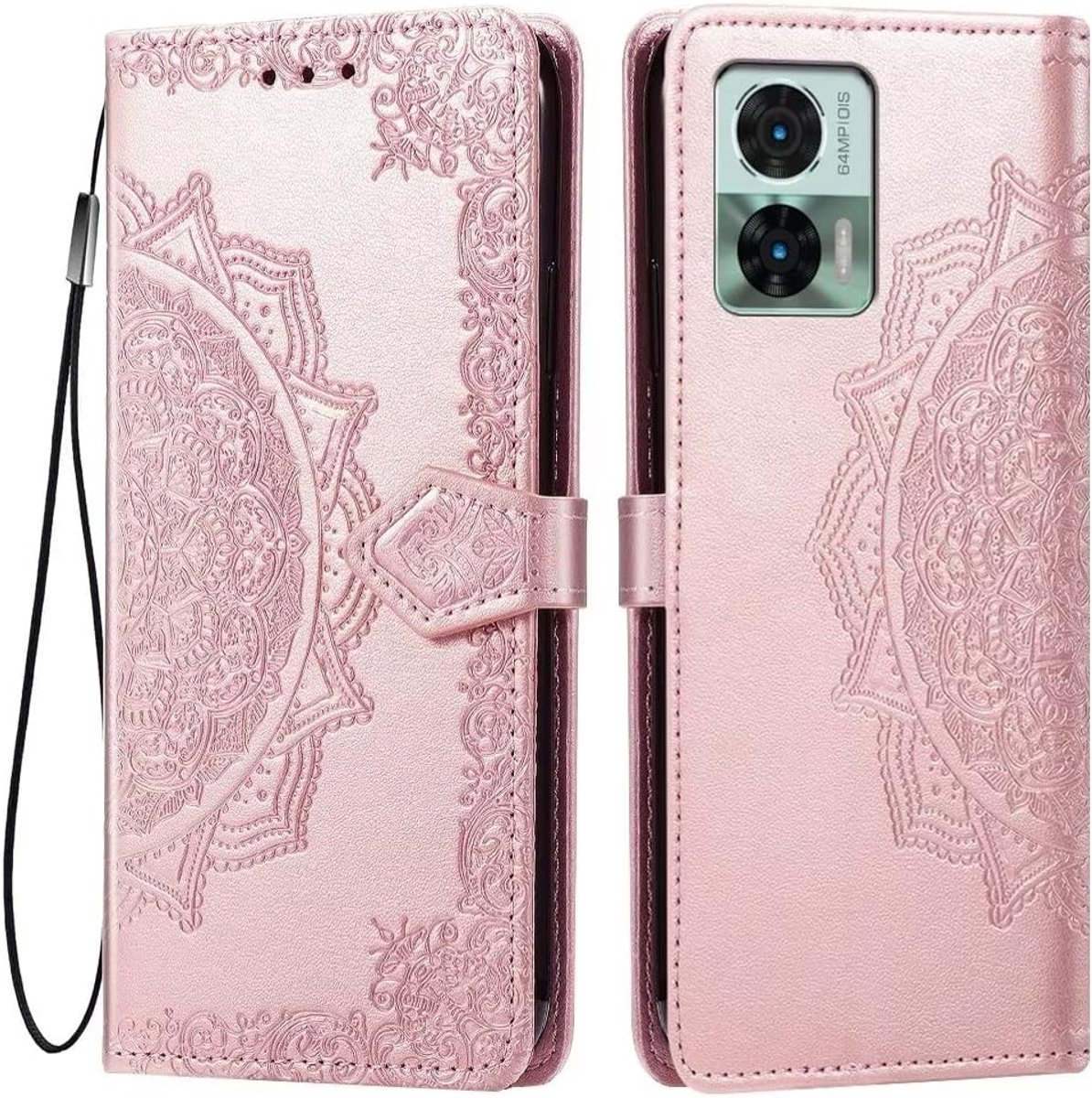 Cover voor Motorola Moto Edge 30 Neo, premium PU-lederen flip magnetische sluiting, mandala-reliëfontwerp met 3 kaartsleuf, standaard, schokbestendig hoesje