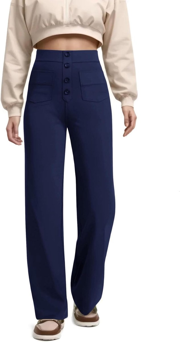Damesbroek, brede pijpen, rekbaar, flexibele broek, casual yogabroek met meerdere zakken, zakelijke broek, hoge taille, knoopsluiting, vrijetijdsbroek, effen, comfortabele werkbroek