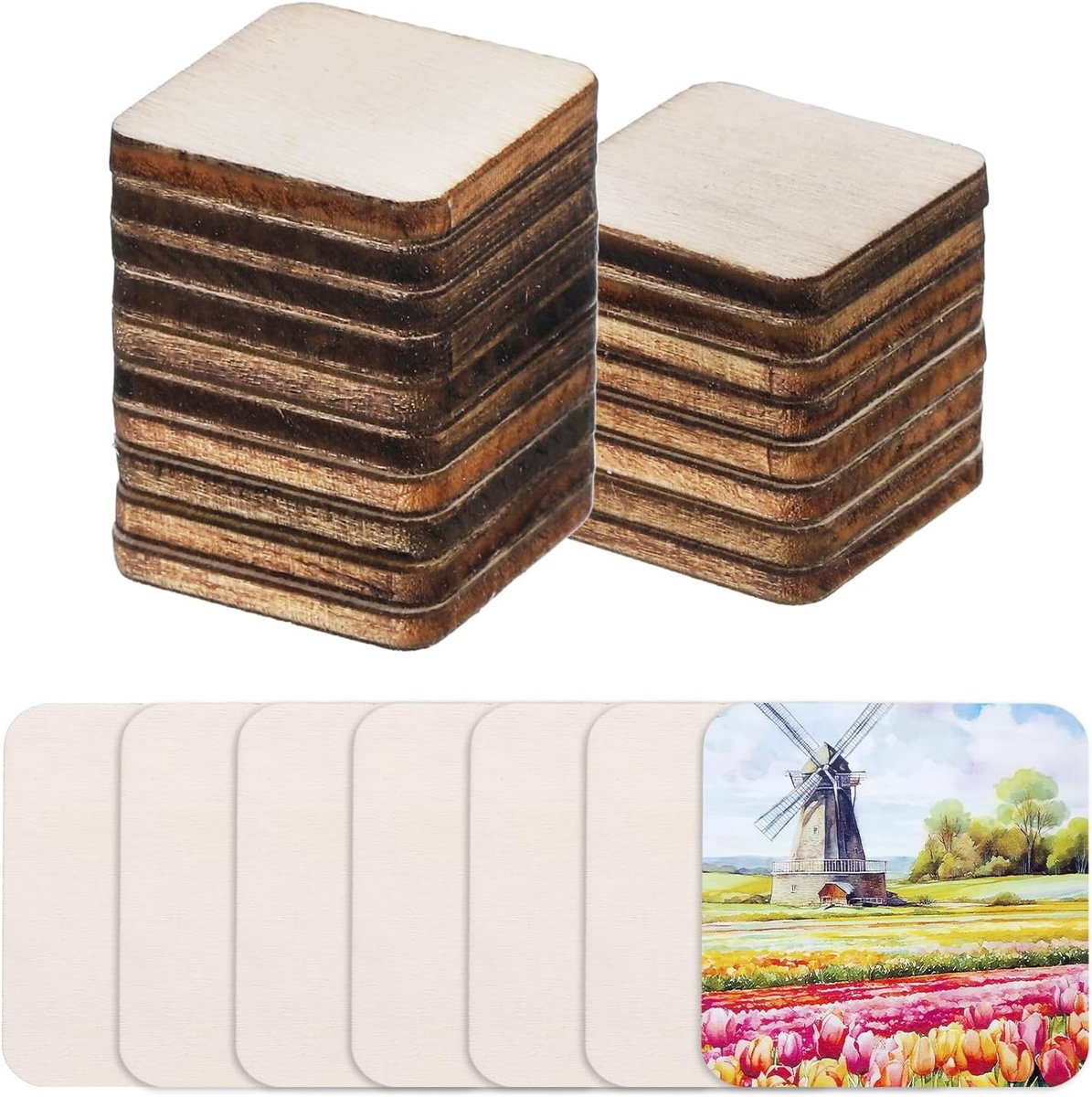 Hout om te knutselen, 200 stuks, 2 cm, afgeronde vierkante houten schijven, decoratie om te beschilderen, voor bruiloft, doe-het-zelf knutselen, brandschilderen, cadeau, kerstversiering