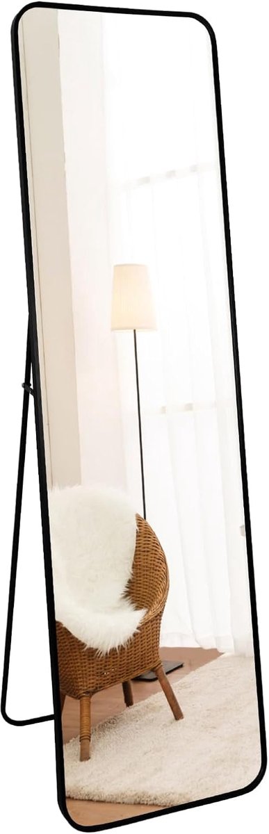 Wand- of staande spiegel, 140 x 40 cm, frame van zwart aluminium
