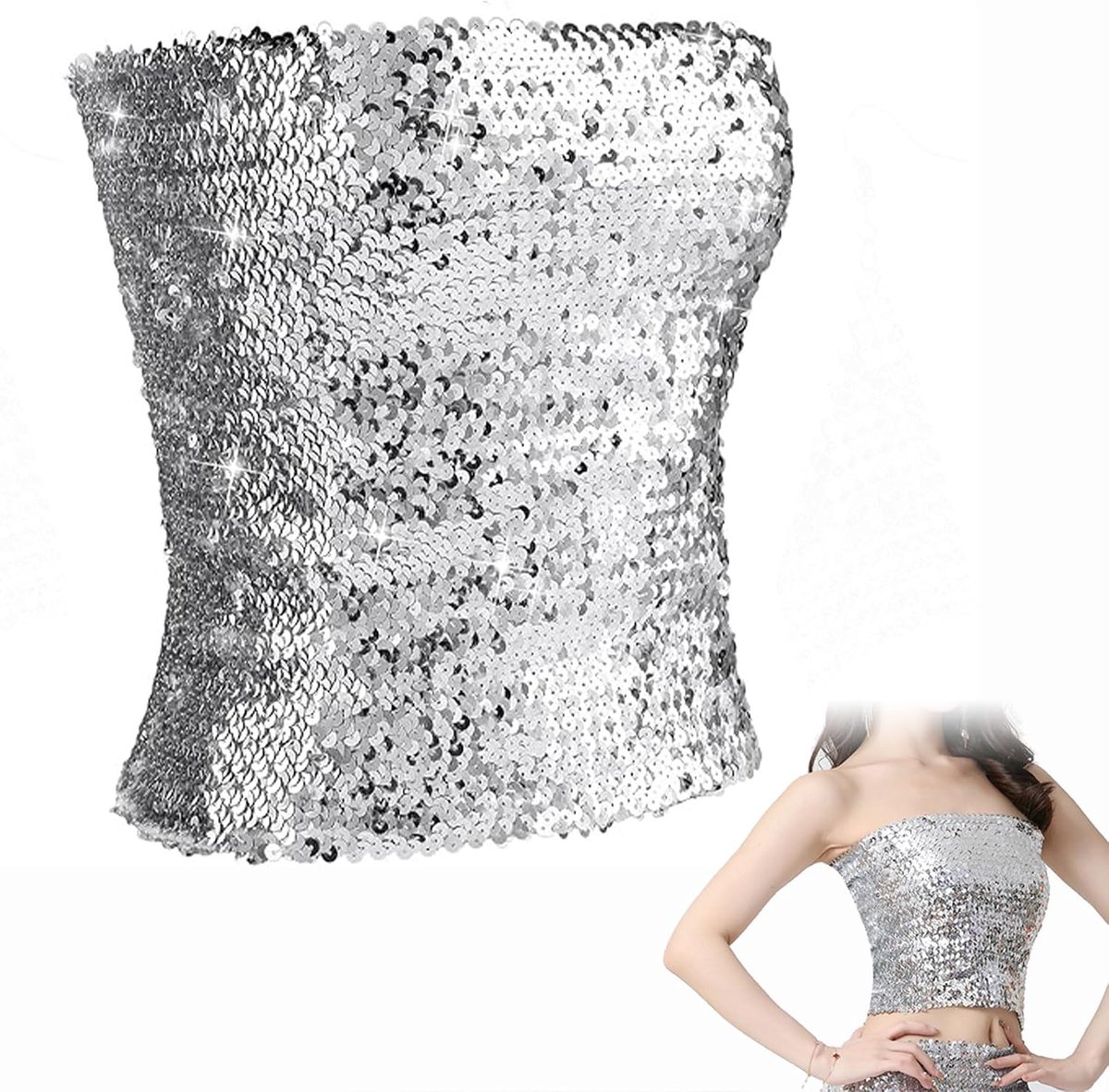 Top voor dames, zilveren rok met glitter, paillettentop voor dames, buikdanskostuum, kostuum voor carnaval, party, festival
