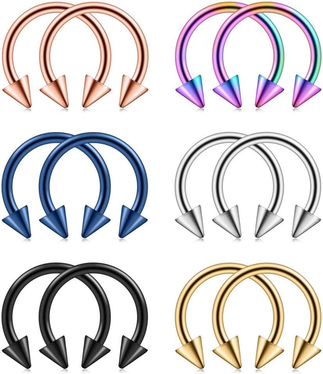 12 stuks 14G roestvrij stalen neusringen met kogels/spikes, hoefijzerpiercing, septum, helix, tragus, oorpiercing, wenkbrauw, lip, 10 mm/12 mm binnendiameter