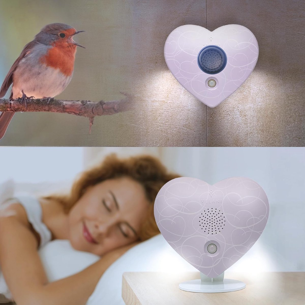 Vogel Tjilscher Geluidendoos, originele vogelgezjilp met bewegingsmelder voor toilet, natuurgeluiden, ruisen van de zee, sauna, slaaphulp, pastelpaars, hart