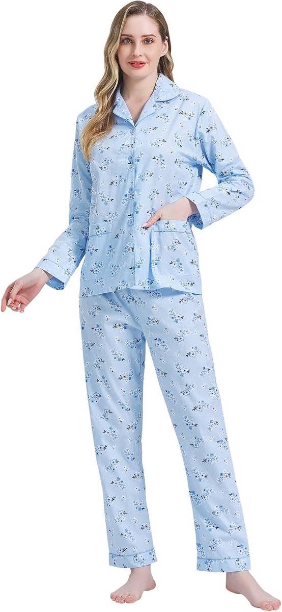 Tweedelige pyjamaset voor dames, katoen, nachtkleding, lange mouwen, pyjamabroek, pyjamaset voor op de bank