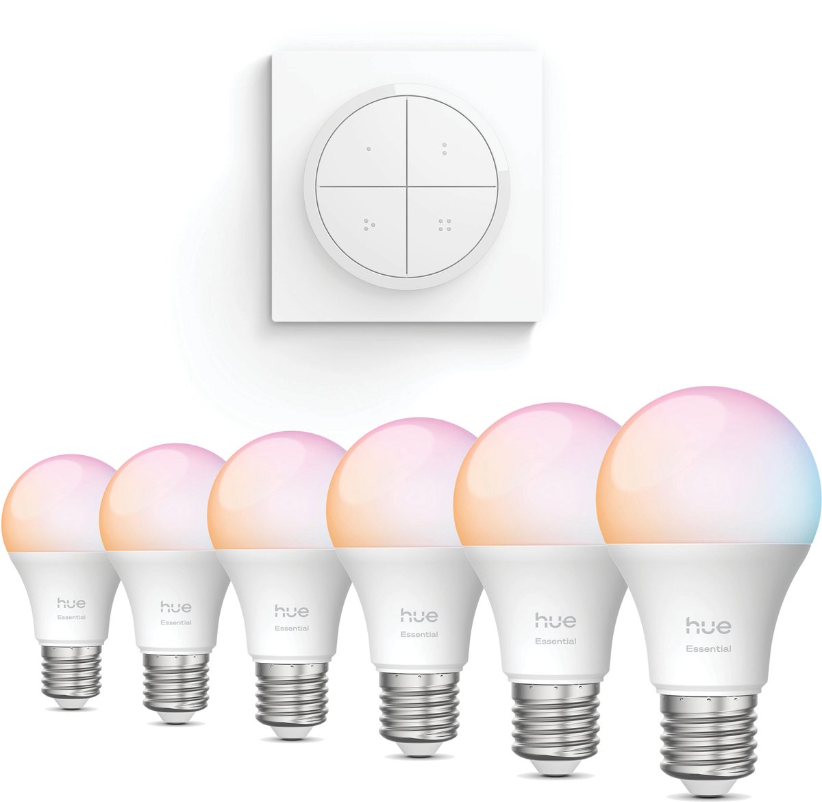 Philips Hue Voordeelverpakking - E27 - met 6 Standaard lampen - Wit en Gekleurd Licht - Incl. Hue Dial Switch (Wit) - Hue White and Color Ambiance Essentials