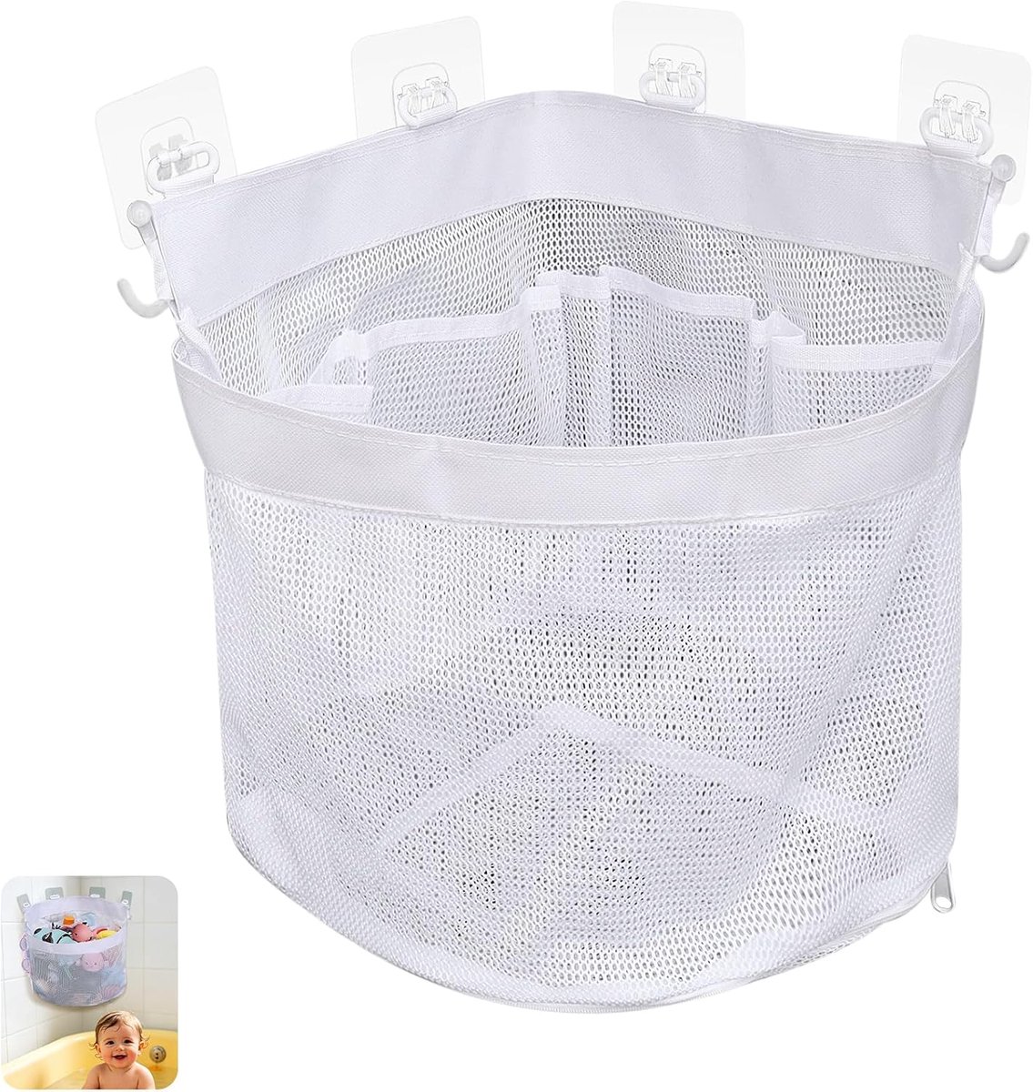 Opbergtas voor badspeelgoed en badkamerorganizer, 13,7 liter grote nettas voor badspeelgoed en badbenodigdheden met vakken, wandorganizer, draagvermogen tot 10 kg, wit