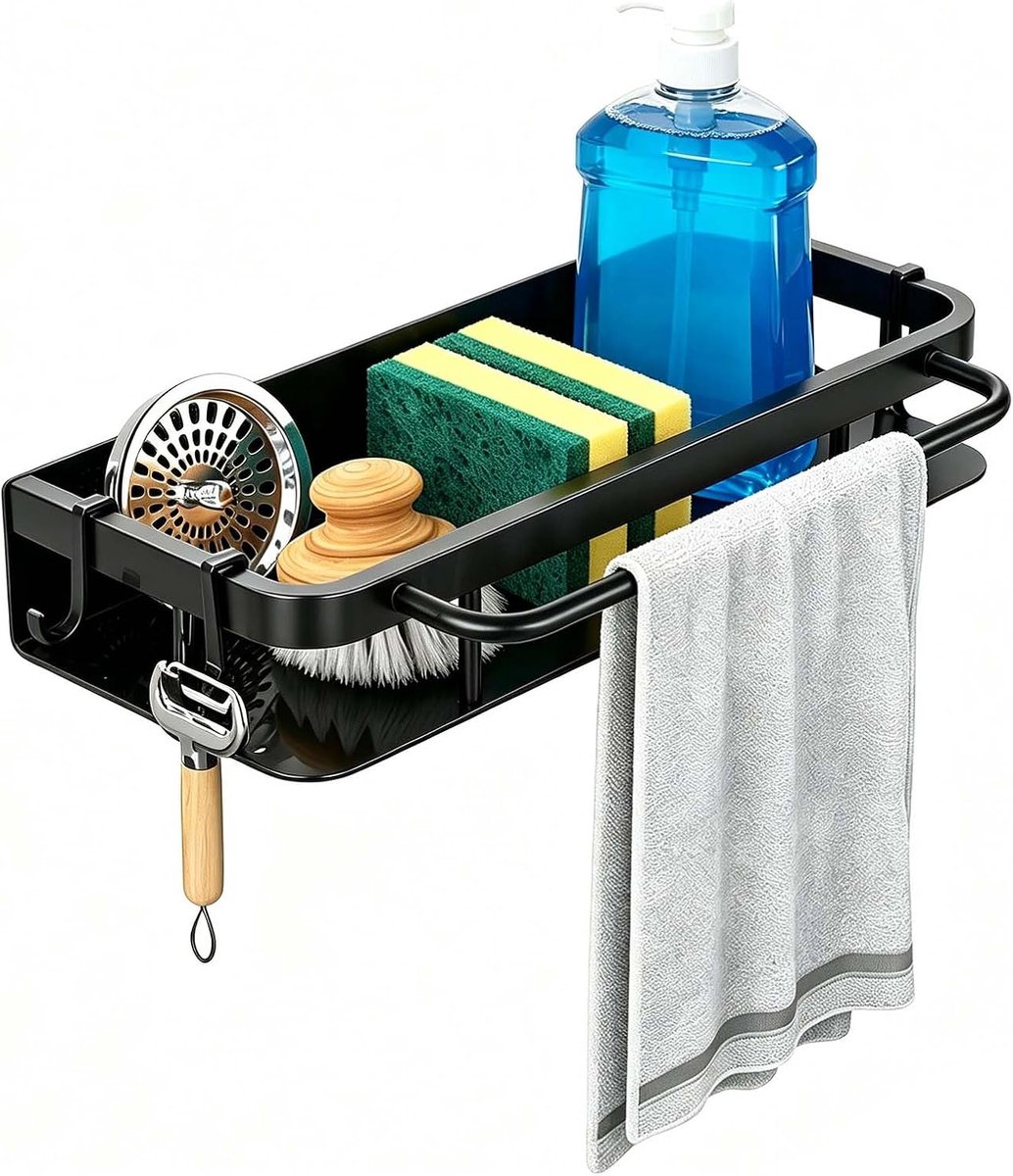 Spoelbakorganizer, zwart, roestvrij staal, keukenorganizer met afdruipbak en handdoekhouder, sponshouder, gootsteenorganizer, hangend, zonder boren, voor keukenaccessoires