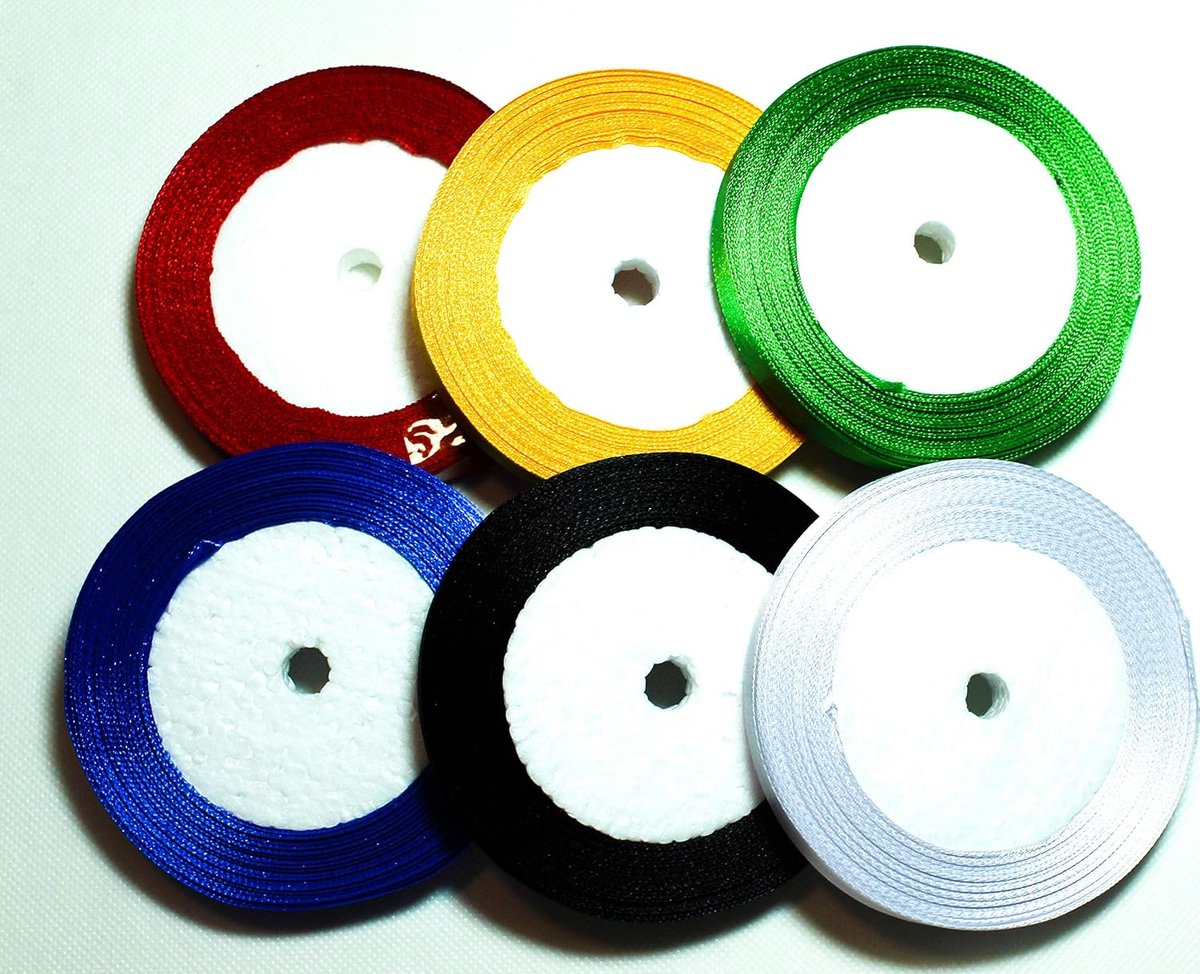 6 rollen elk 22m 10mm satijnen lint 1cm in verschillende kleuren lint cadeaulint decoratieset decoratie: Bordeaux+geel + meigroen + marineblauw + zwart + wit