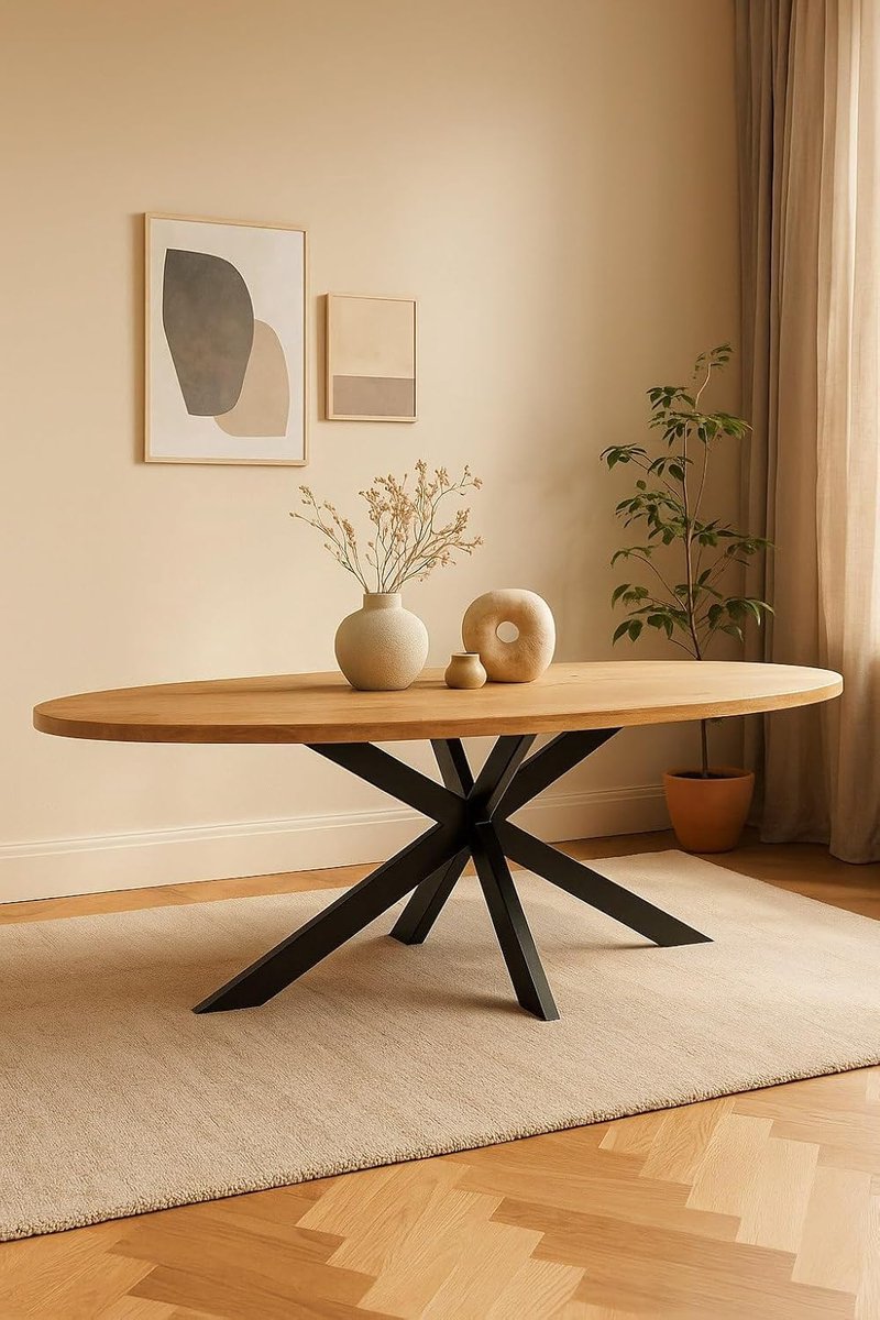 Home Ovale Eettafel 180 cm Mangohout – Zwart Metalen Matrix Onderstel – Industrieel – 4-5 Personen