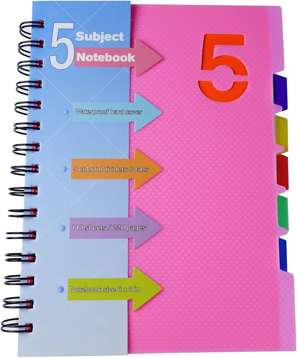 Notitieblok met Register Spiraalmat met Verdeler in 5 Kleuren, Collegeblok A5 Gelinieerd Notitieboek met Register, Notitieboek register Index A5 Ringband Gelinieerd voor Kantoor, School, Werk (Roze)