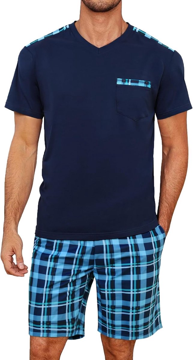 Korte herenpyjama van katoen, zomer, korte mouwen, met zakken en geruite broek, zacht en comfortabel, 2-delig