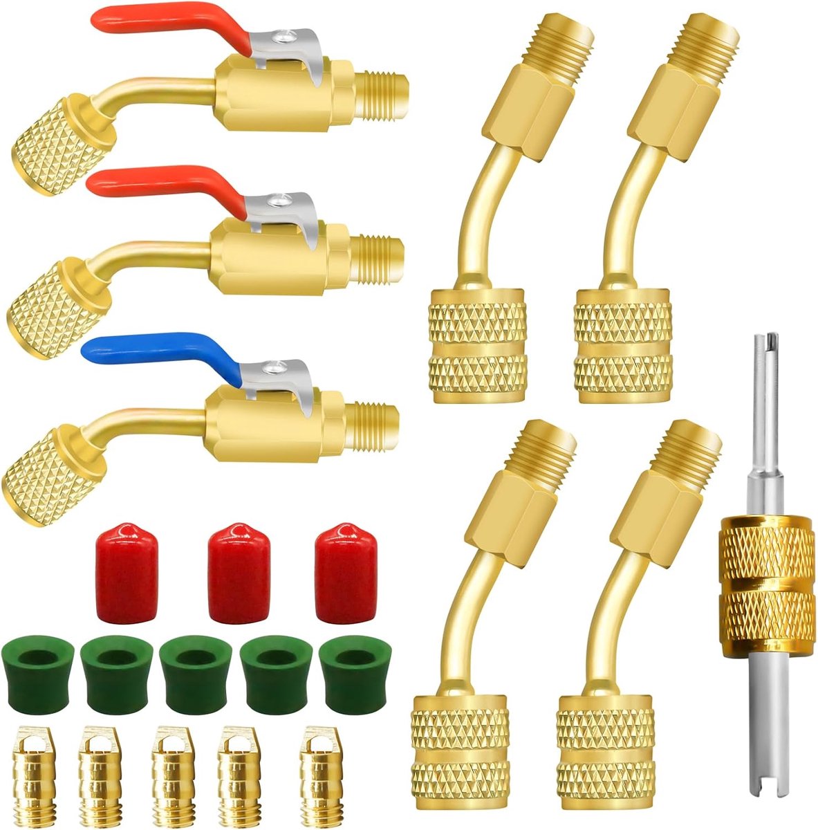 Split-adapterset, 21-delig, R410A-adapter voor R410A koelmiddel R410A R134A R12 R22, schuine kogelkraan voor AC-koelmiddel