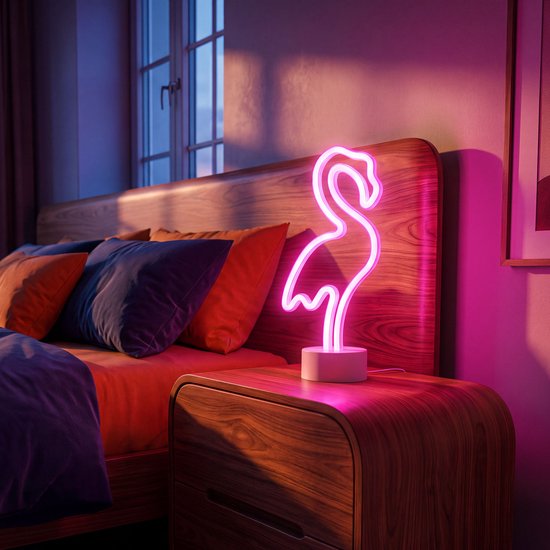 Nachtlamp Kind - Neon LED Flamingo Lamp Kinderkamer - Roze - op USB of op Batterij - LED Neon Tafellamp - Flamingo Nachtlamp - Sfeerverlichting voor Kinderkamer - Bureau - Slaapkamer - Woonkamer - 29,5 cm van PHENOM LIGHTING TECHNOLOGY — afbeelding 2