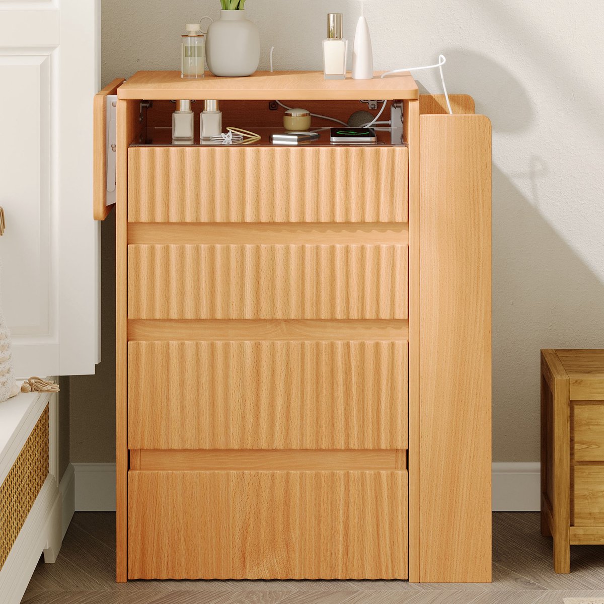 VVBV Kaptafel 79x40x120 cm - Met Spiegel, Inklapbaar, USB & Type-C, Opbergruimte - Naturel, Spaanplaat