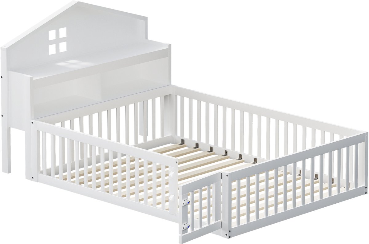 MUVANO Kinderbed - Huisbed - Vloerbed - Houten Bed- 140x200 - Opbergruimte - Uitvalbeveiliging - Krijtbord - Deurtje - Kinderkamer- Lattenbodem - Wit