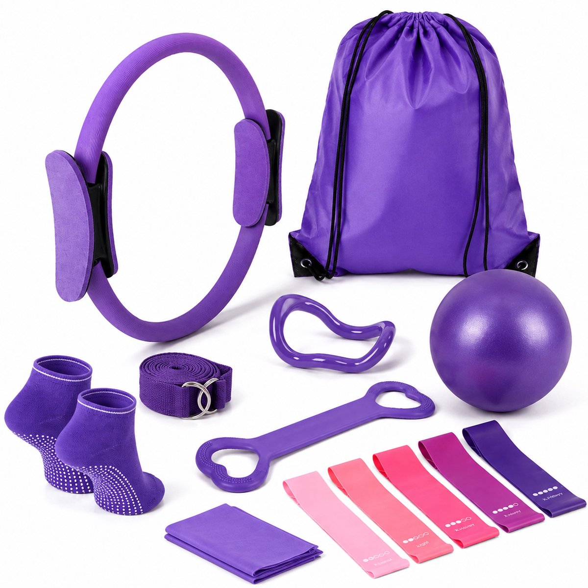 Kaiyaya - Pilates set 13-delig - Core training & Full body workout - Weerstandsbanden, Pilates ring, Pilates bal - Voor thuis, buiten, sportschool - Paars, compleet