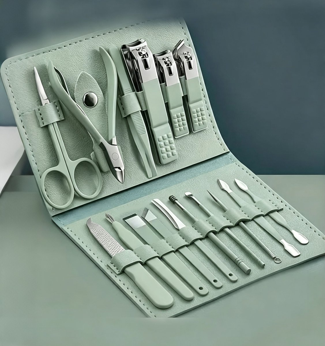 16 Delige Nagelverzorgingsset met Etui - Professionele Nagelknipper Set voor Manicure en Pedicure, Roestvrijstalen Nagelgereedschap voor Handen en Voeten, Draagbare Nagelknipper Kit - Groen