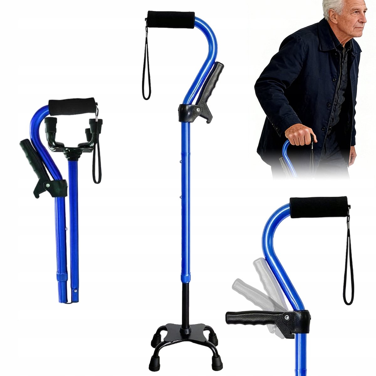 Vierpoot Wandelstok - Wandestokken - Opvouwbare Stok 4 Poten - Loopstok Voor Ouderen - Ergonomisch Comfort Handvat - Antislip - Hoogte Verstelbaar - Aluminium - 80-97 cm - 172kg - Voor Ouderen en Herstel - Evenwicht