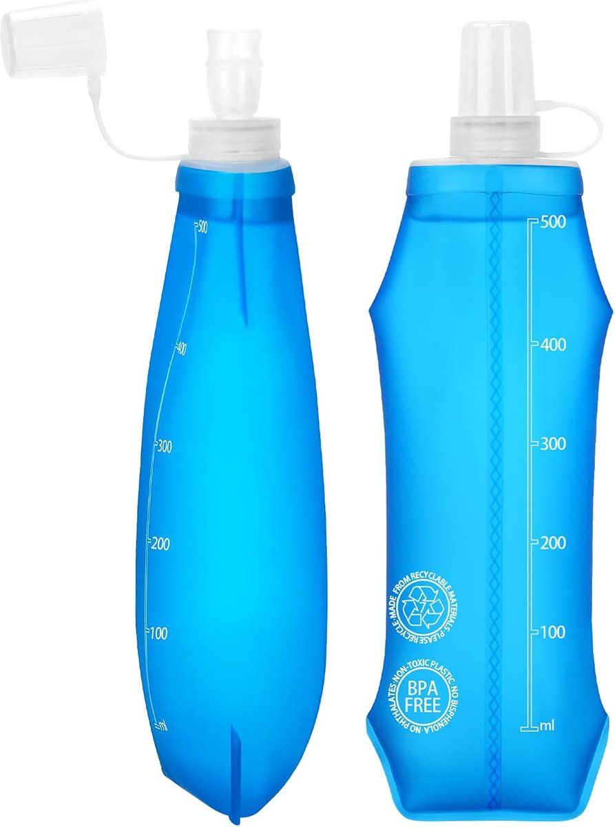Bobypet - 2 Stuks Soft Flask Drinkfles 500ml - BPA Vrij TPU Opvouwbare Waterfles - Lekvrij & Stofvrij voor Hardloopvest, Hiking & Fietsen