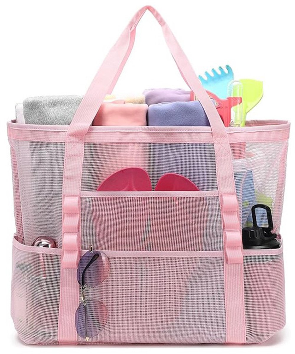 Strandtas - Grote strandtas - Strandtas van mesh - Tas voor zwemspullen - Ideaal voor stranduitjes met het gezin, vakanties en reizen - Roze